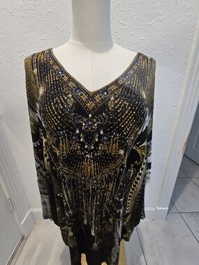 CAMILLA Crystal Embellished Owl Batwing Dress Black Gold O/S
